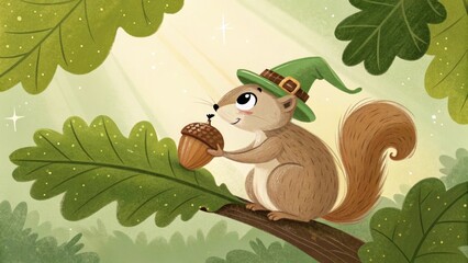 Naklejka premium Cute cartoon squirrel wearing a hat joyfully holding an acorn on an oak branch in a whimsical forest setting