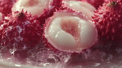 A close-up of juicy lychees with their pinkish-red skin peeled open, revealing white flesh, ultra-realistic