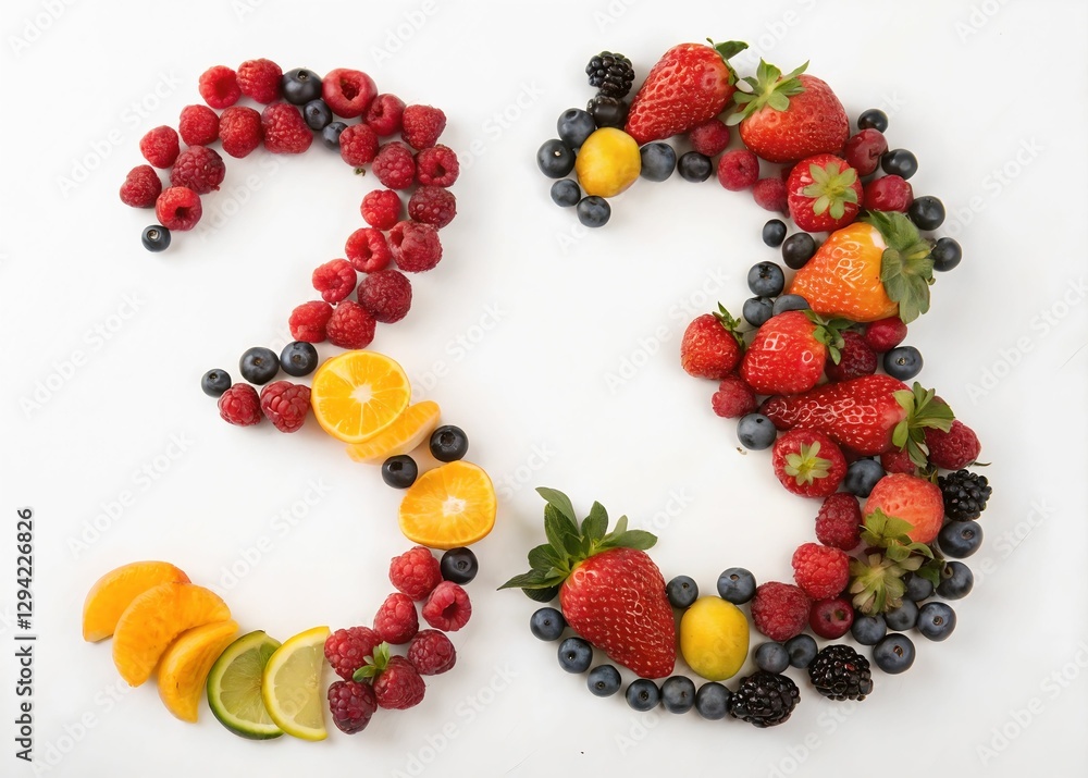 Poster a vibrant assortment of fruits arranged to form the number '3', set against a pristine white backgro