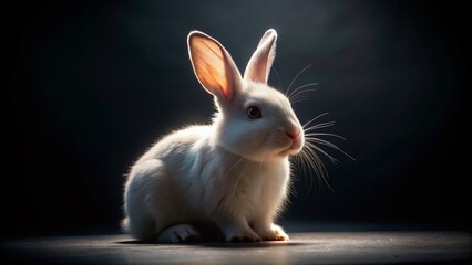 Mysterious White Rabbit in Low Light, Dark Background Stock Photo