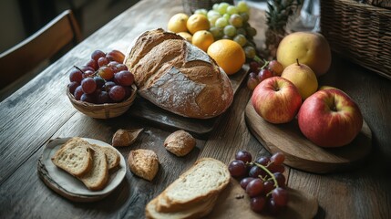 Rustic Flat Lay of Fresh Fruits and Bread on Wooden