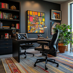 Stylish home office with bold artwork, black furniture, layered textiles, and moody lighting, creating a dynamic artistic ambiance