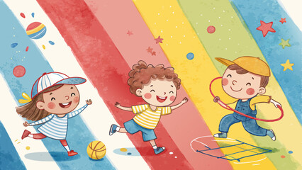 Fun watercolor background, cheerful bold stripes in red, blue, and yellow with playful drawings of happy children playing games, lively and energetic for Children’s Day with copy space  