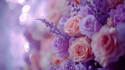 A close-up shot of the floral arrangements on display at an elegant purple wedding ceremony decor
