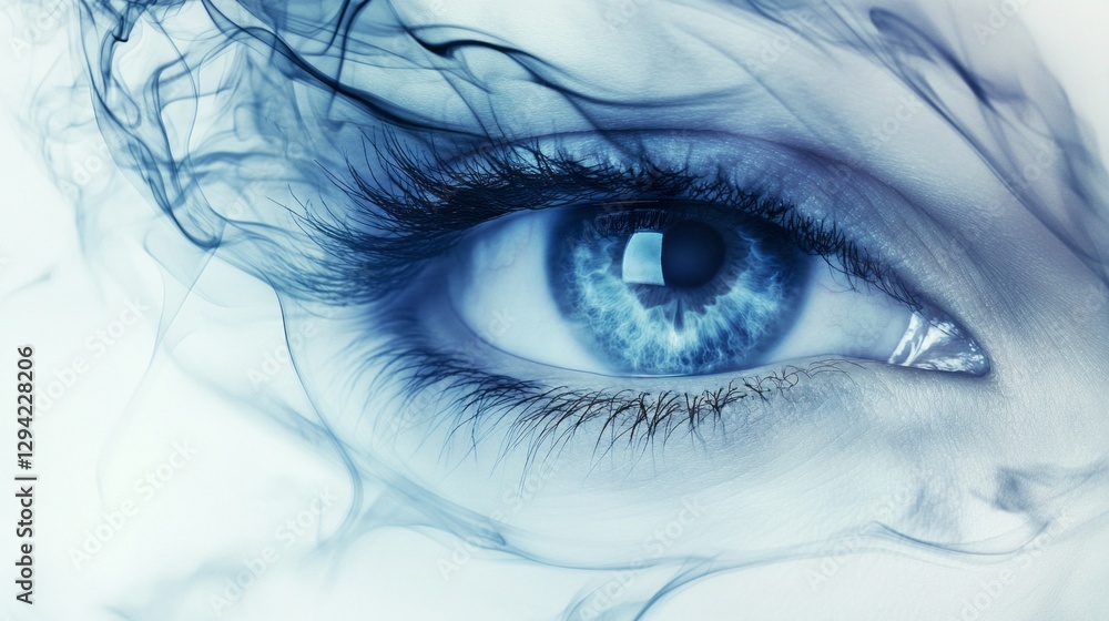 Poster a striking blue eye captivates with its intense gaze, surrounded by delicate, swirling mists that ad