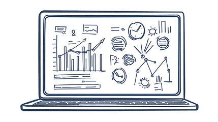 A laptop screen shows a drawing of graphs and numbers