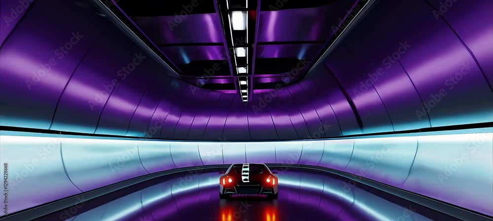 Poster futuristic vehicle journey through neonlit tunnel with dynamic light transformations