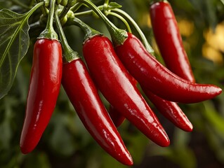 Vibrant Red Chili Peppers Hanging on a Sunny Day Nature Photography Outdoor Garden Close-Up View of Fresh Produce