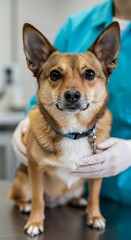 Adorable small dog at veterinary clinic. Pet health checkup. Chihuahua mix breed with big ears examined by vet. Animal care and medical treatment concept. Closeup portrait.