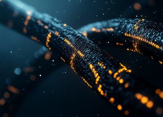 Digital DNA strands glowing in dark space; abstract technology concept