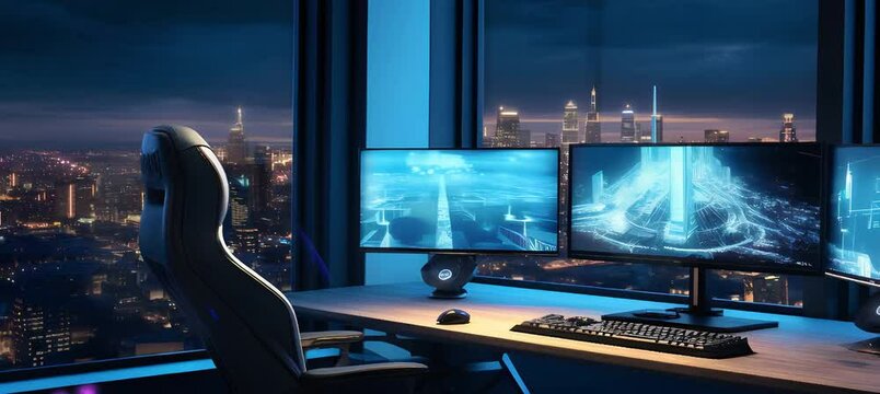 Evening gaming setup with city skyline in modern highrise apartment