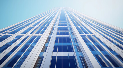 A modernist skyscraper rendered as a high-poly 3D blueprint, showcasing a clean blue and white facade with precisely aligned rectangular windows