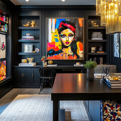 Stylish home office with bold artwork, black furniture, layered textiles, and moody lighting, creating a dynamic artistic ambiance