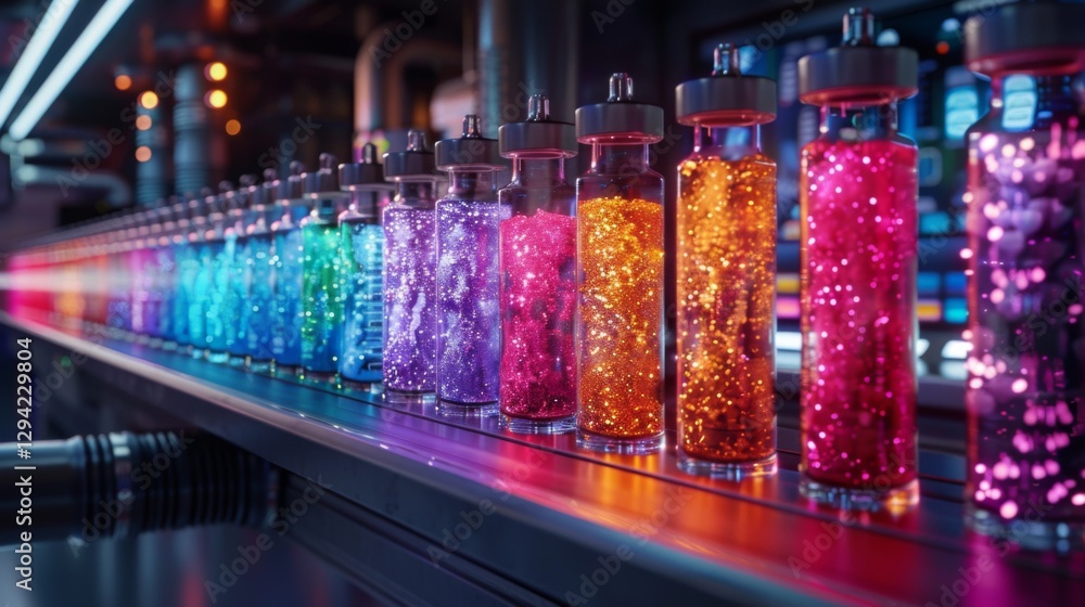 Aufkleber a line of glass vials, filled with sparkling liquids in various colors, shines brightly under the gl