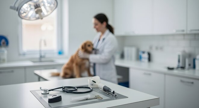 Veterinary examination room with puppy and vet. Modern animal clinic interior, medical equipment on table. Pet healthcare, veterinary medicine, animal care concept.