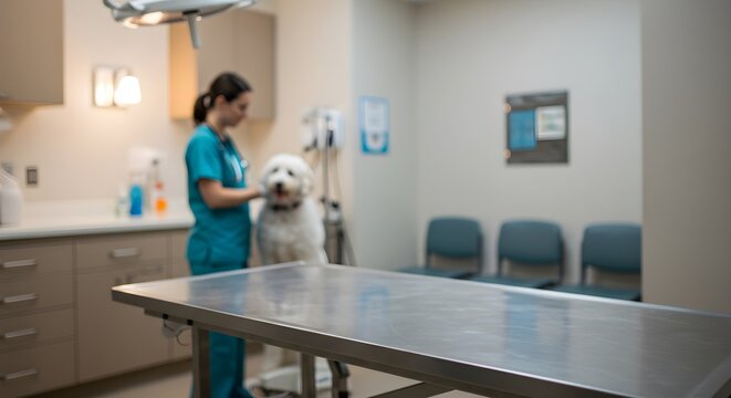 Woman veterinarian examining fluffy white dog in modern clinic. Pet healthcare, animal hospital concept. Veterinary practice with metal examination table and medical equipment.