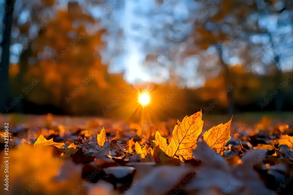 Poster golden autumn maple leaves scattered on ground with dramatic sunset light shining through trees crea