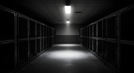 Dark storage unit hallway with metal cages and bright overhead light. Animal shelter, pet adoption concept. Animals awaiting rescue or new home. Homeless animal problem concept