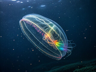 A translucent comb jelly pulsating with rainbow-like bioluminescence in the black abyss