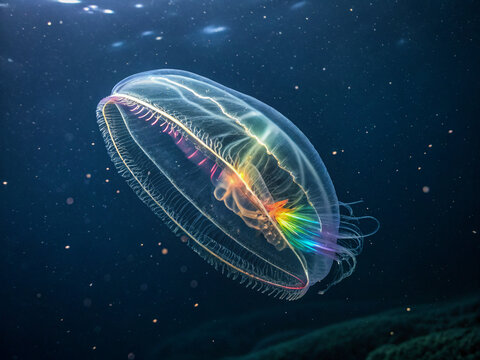 A translucent comb jelly pulsating with rainbow-like bioluminescence in the black abyss - Powered by Adobe