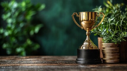 Symbol of sales achievement, golden trophy and upward trending sales chart
