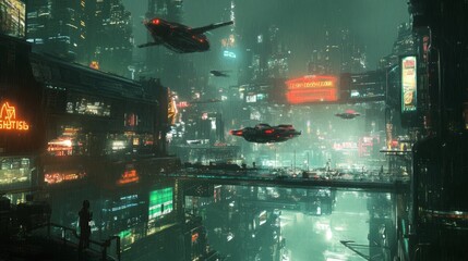 A futuristic city with flying cars and neon signs blinking dynamically. 
