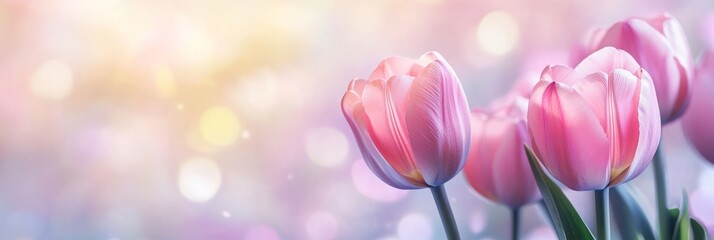 Fototapeta premium Beautiful pink tulips are blooming in spring with a dreamy bokeh lights background with copyspace for text