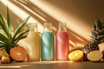 Colorful Bottles of Fruit Smoothies Surrounded by Fresh Fruit in Studio Lighting