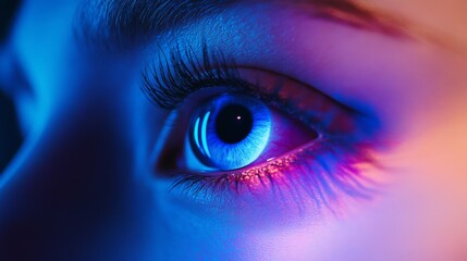 Fototapeta premium A robotic eye scanning and changing colors, symbolizing AI and technology.