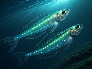 Fototapeta premium A pair of lanternfish swimming side by side, their bodies emitting a soft green glow in the darkness