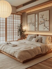 A Japanese bedroom showcasing a neutral colored calming interior design