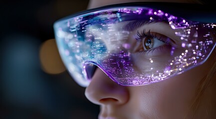 Futuristic protective glasses with digital display reflection showing data visualization and purple light effects on young woman's face in dark environment.