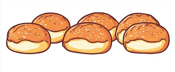Six soft, round sweet buns with a golden brown top featuring a sprinkle of seeds rest together. Their fluffy white interior promises a delicious taste perfect for any occasion.