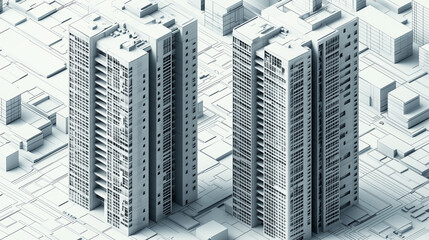 Fototapeta premium A photorealistic 3D architectural model of two high-rise buildings in an isometric perspective, displaying intricate facade designs and concrete structures in varying shades of gray