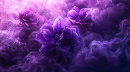 Obraz premium Colorful purple flowers surrounded by soft, swirling mist depict a serene and magical atmosphere