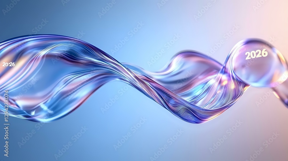 Poster futuristic transparent wave with glowing 2026 sphere floating in space. dynamic flowing crystal-like