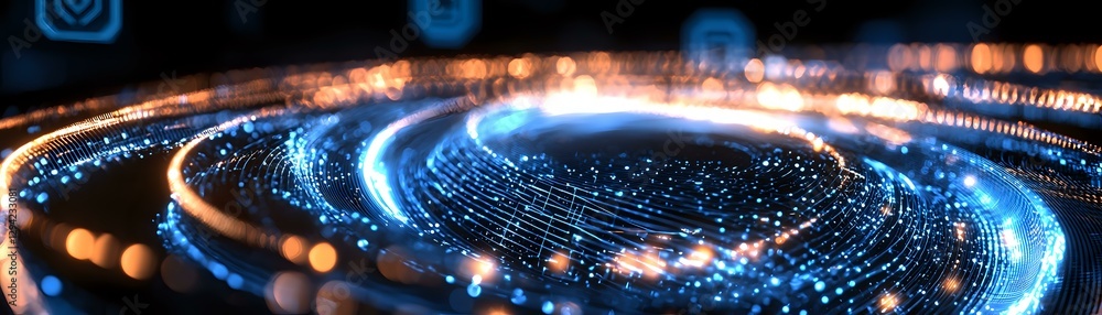 Aufkleber glowing spiral of blue light particles and golden bokeh effects creating dynamic motion trails again