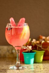 Vibrant pink lemonade in a stemmed glass, popsicles, a squeeze of lemon and a natural light setting with potted succulents in the background, capturing a fresh, summery vibe.