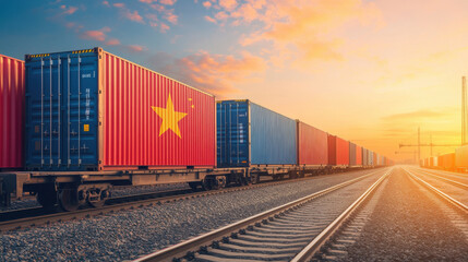 Fototapeta premium Cargo train with colorful containers at sunset, showcasing vibrant colors