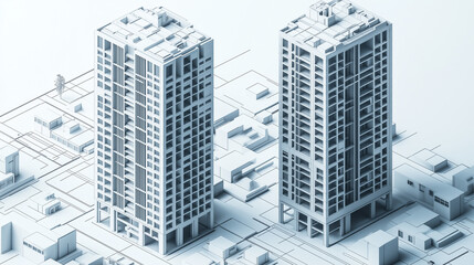 Fototapeta premium A photorealistic 3D architectural model of two high-rise buildings in an isometric perspective, displaying intricate facade designs and concrete structures in varying shades of gray