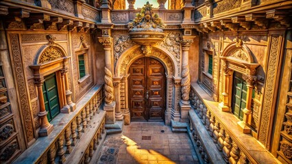 Naklejka premium Drone View: Ancient Building's Ornate Vintage Doorway - Intricate Wood & Stone Architecture