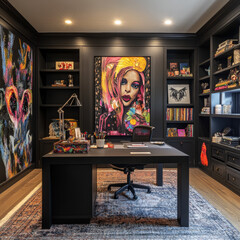 Stylish home office with bold artwork, black furniture, layered textiles, and moody lighting, creating a dynamic artistic ambiance