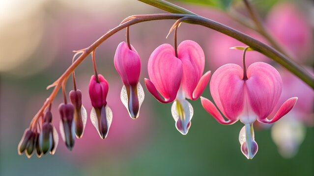 Heart of the Garden: Delicate bleeding heart flowers in full bloom. capturing the soft light and intricate detail, this image exudes a sense of romance and serenity