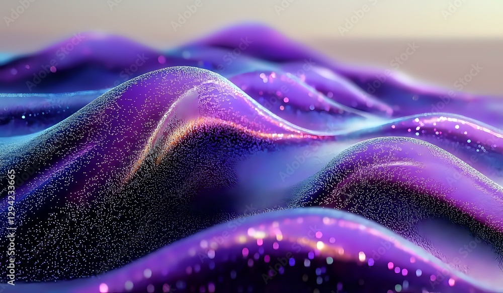 Poster abstract purple and blue waves with glowing particles creating dynamic flowing landscape. magical co