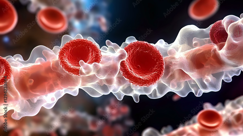 Poster red blood cells flowing through arteries with white plasma and platelets in microscopic view, medica