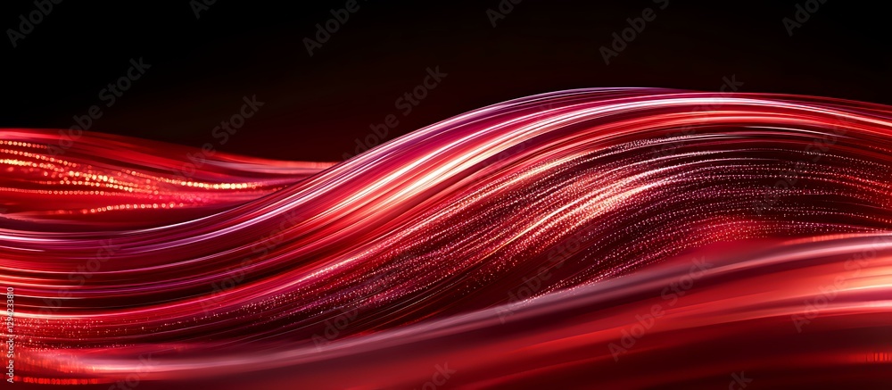 Poster flowing red waves of light create dynamic motion against dark background, glowing energy streams wit