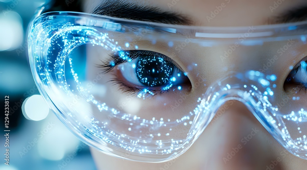 Aufkleber close-up view of protective eyewear with glowing blue digital interface reflection showing futuristi