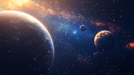 Fototapeta premium Planets slowly orbiting in a cosmic scene, with stars twinkling. 