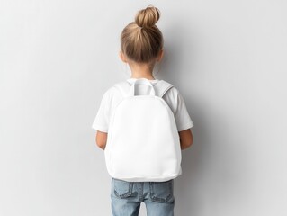 kids backpack mockup. A child with a bun hairstyle wearing a white backpack, standing against a gray wall.
