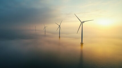 Fototapeta premium Aerial view of offshore wind farm at sunrise, turbines emerging from ocean mist, Renewable resources, sustainable development, and environmental protection